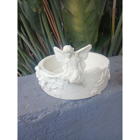 PartyLite Other - Vintage White Fairy Garden Bowl Floral Dragonfly Resin Planter Trinket Dish
